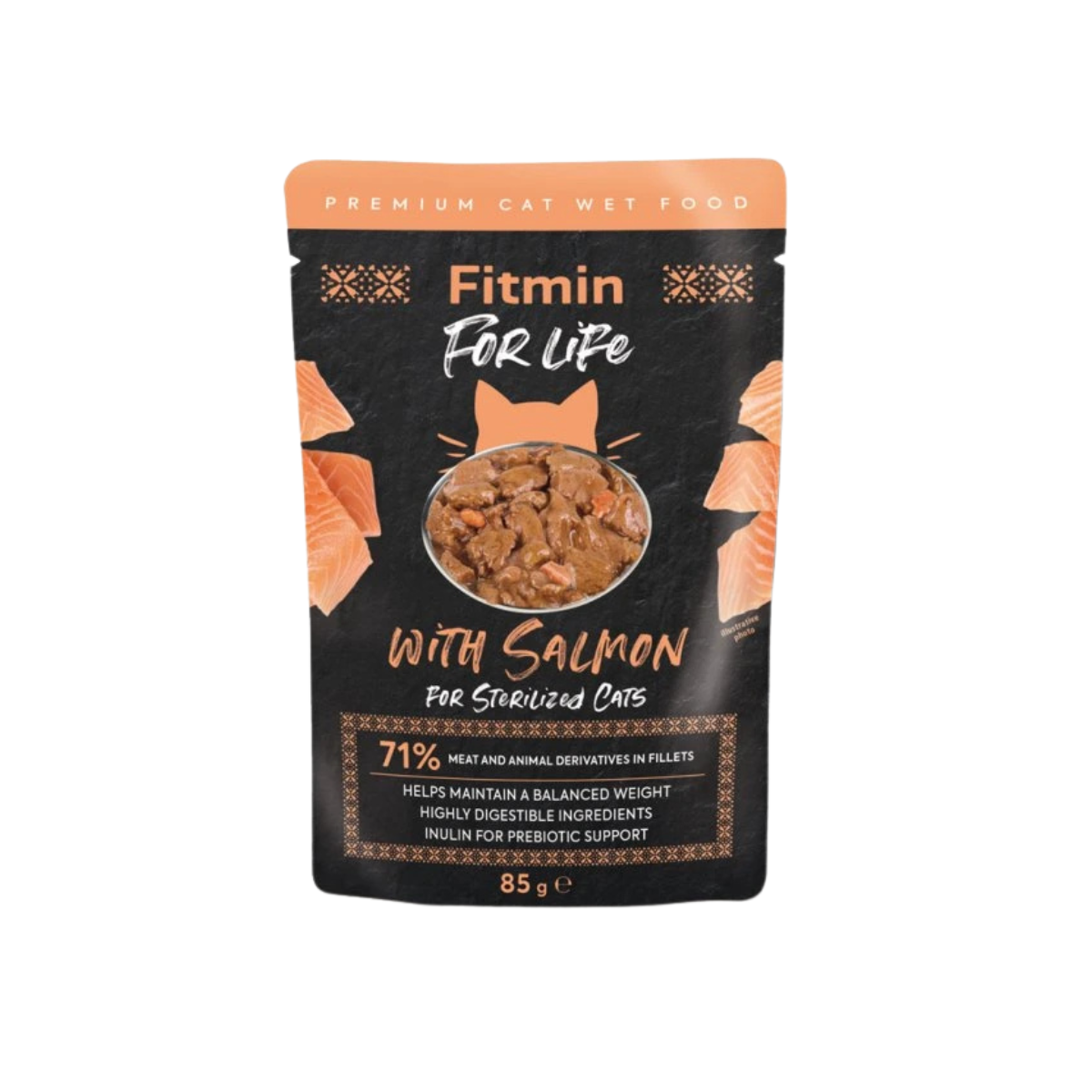 312384006-Hrană umedă pisici sterilizate Fitmin For Life cu somon, plic 85 g (2) Hrană umedă pisici sterilizate Fitmin For Life cu somon, plic 85 g - imagine 1