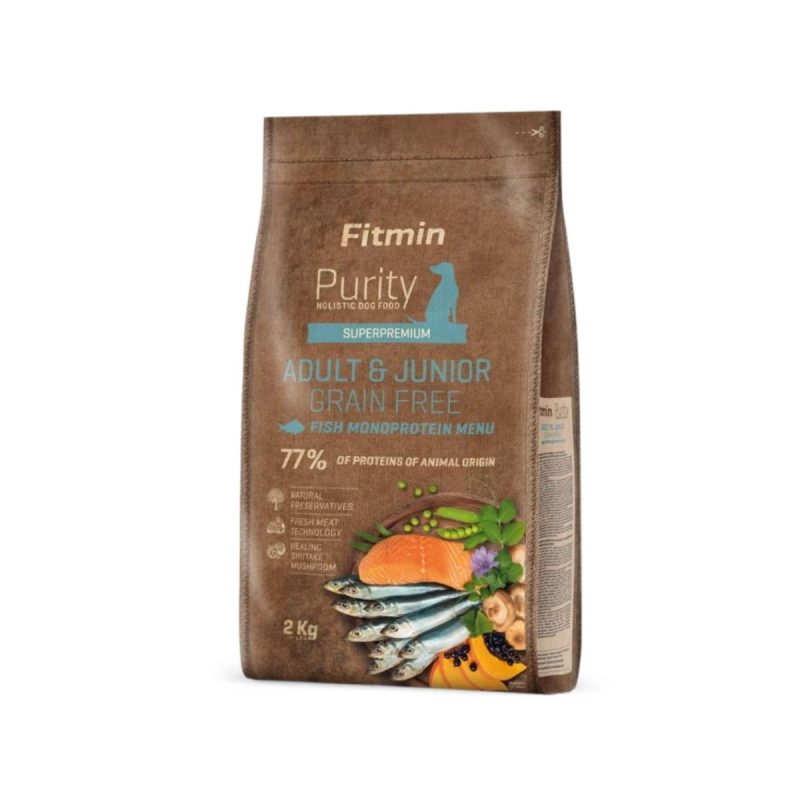Fitmin Purity Adult & Junior Fish Menu Grain Free 2 kg, hrană uscată completă pentru câini juniori și adulți de talie medie și mare. Fără cereale, fără gluten, cu pește și Omega-3.